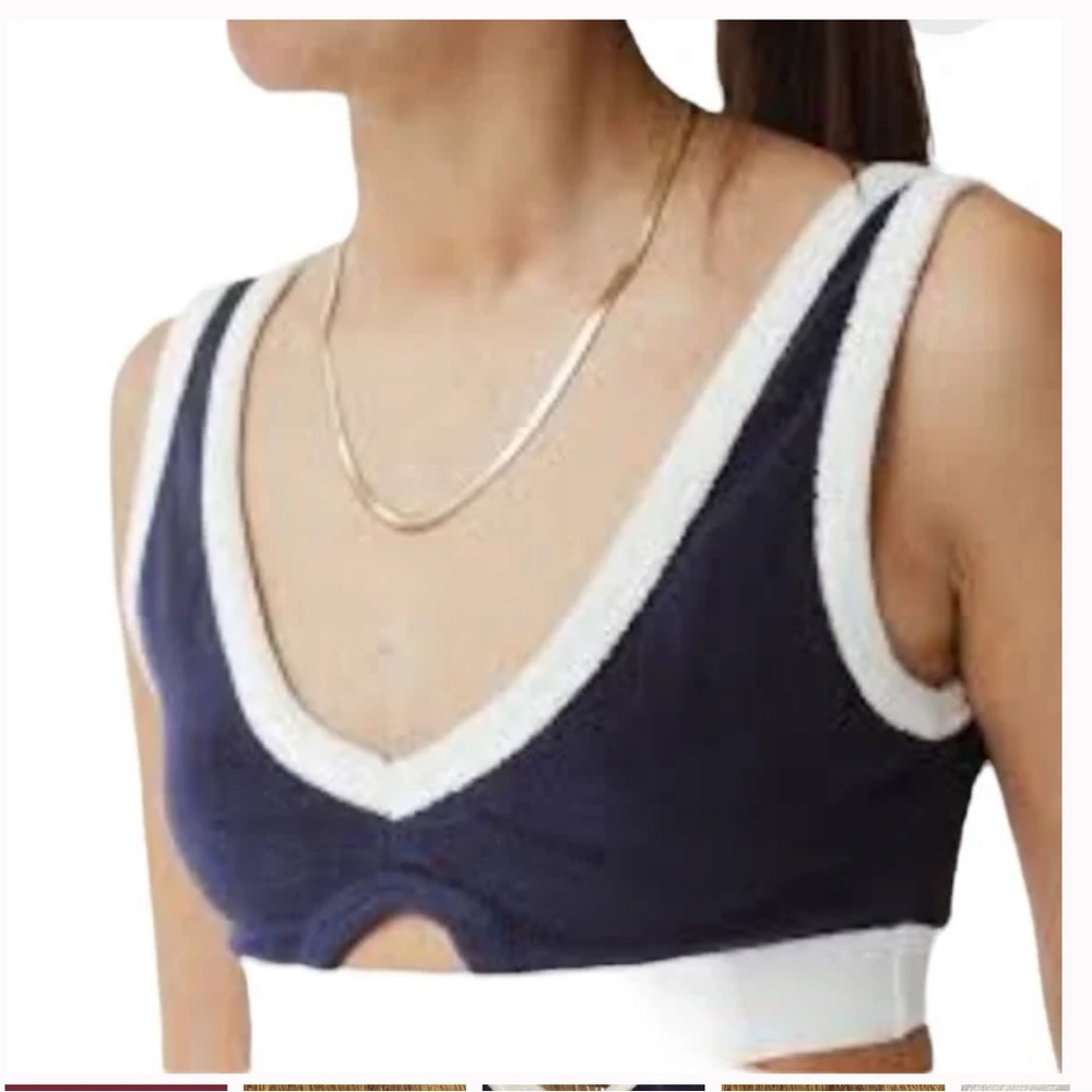 Zara NWT Navy Blue Terry Cloth V-Neck Cut Out Bralette Style Crop Top Si…